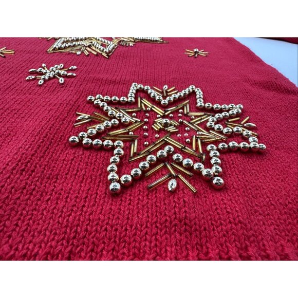 Victoria Jones Sweater Womens Medium Red Christmas Gold Snowflakes Tunic Beaded - Picture 4 of 12